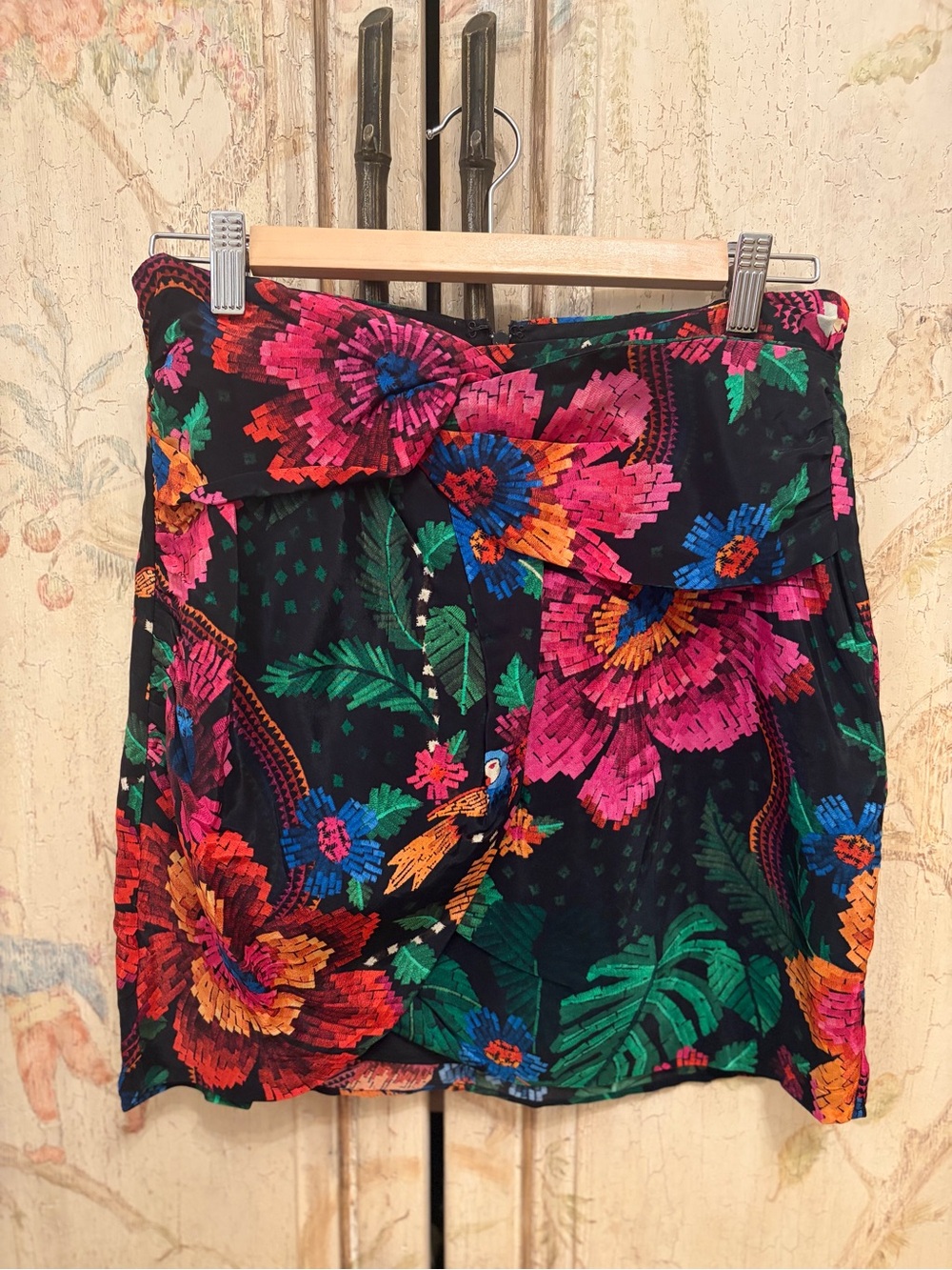 Black Floral Mini Skirt with Pink & Green Blooms